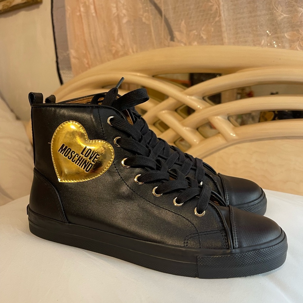 Love Moschino Black Sneakers with Gold Heart Accent